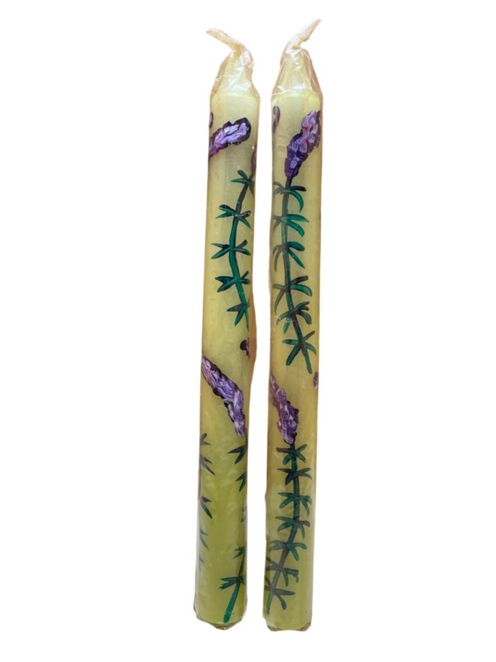 Handcrafted Lavender Design Taper Candles 10" Beeswax Pair